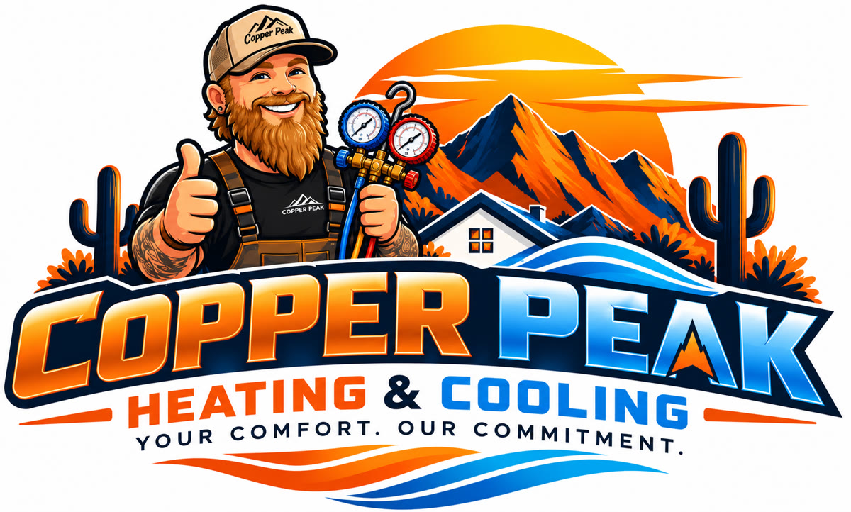 Copper Peak Heating & Cooling logo: a smiling bearded HVAC tech with pressure gauges, Arizona mountains and sunset